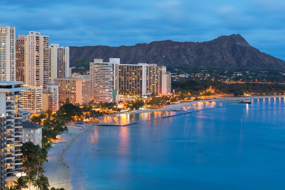 Scenic view of Honolulu, Diamond Head, and Waikiki Beach. Best Honeymoon Destinations