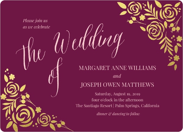 Floral Gold Foil Cabernet Wedding Invitation
