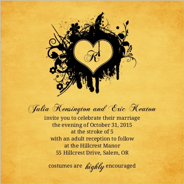 Rustic Yellow Grunge Heart Halloween Wedding Invitation