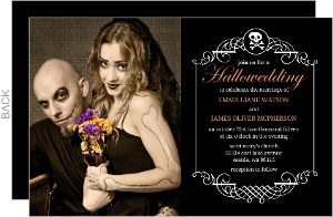 Black Skull Monogram Frame Halloween Wedding Invitation